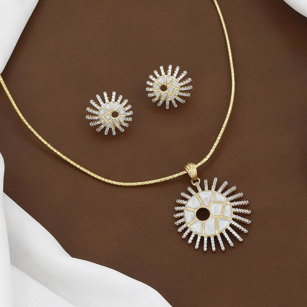 Modern Gold Sunburst Pendant Set with White Inlay & Stones