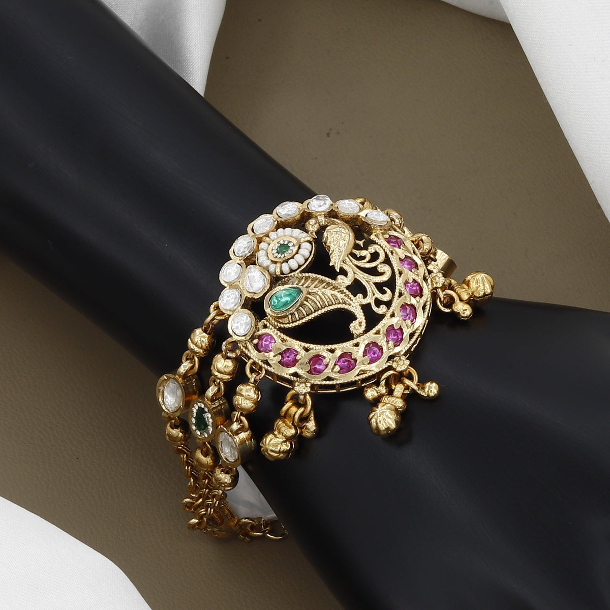 Traditional Indian Gold-Plated Peacock Kundan Meenakari Multi-Strand Bracelet
