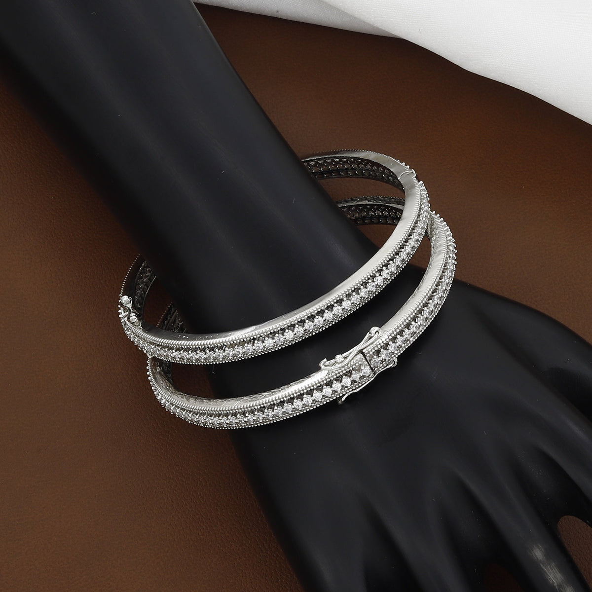 Silver-Plated American Diamond Hinged Bangles (Openable) - Set of 2