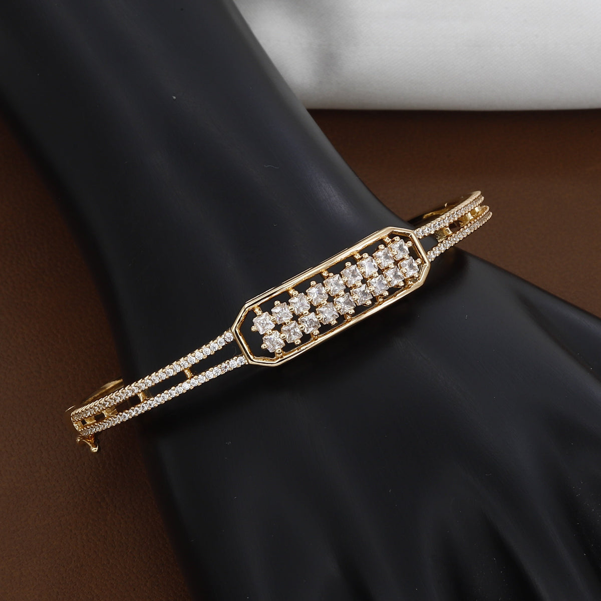 Gold-Tone Geometric Bangle with Square-Cut Crystals & Pave Band