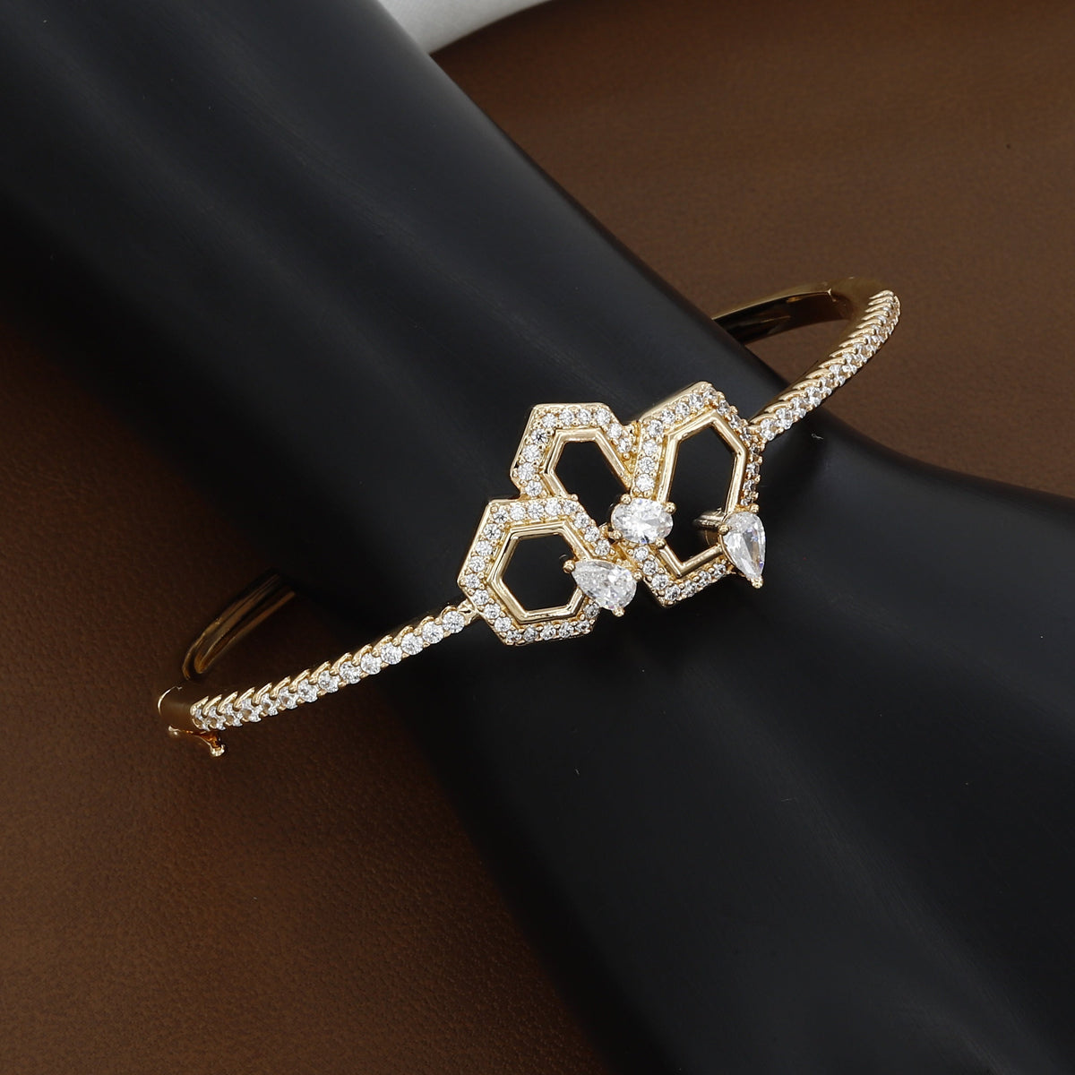 Modern Hexagon Honeycomb Bangle in Gold Tone with Pear-Cut Accents