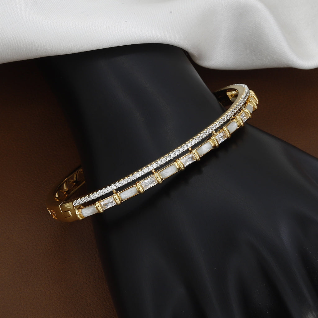 Luxurious Gold Double-Row Bangle with Baguette Crystals & White Inlay