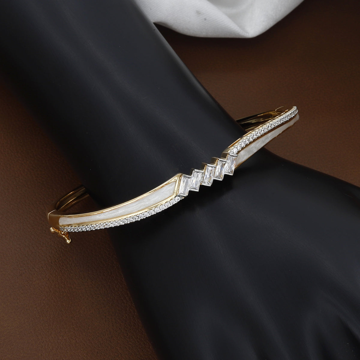 Gold Chevron Diamond Bangle with Baguette Accents