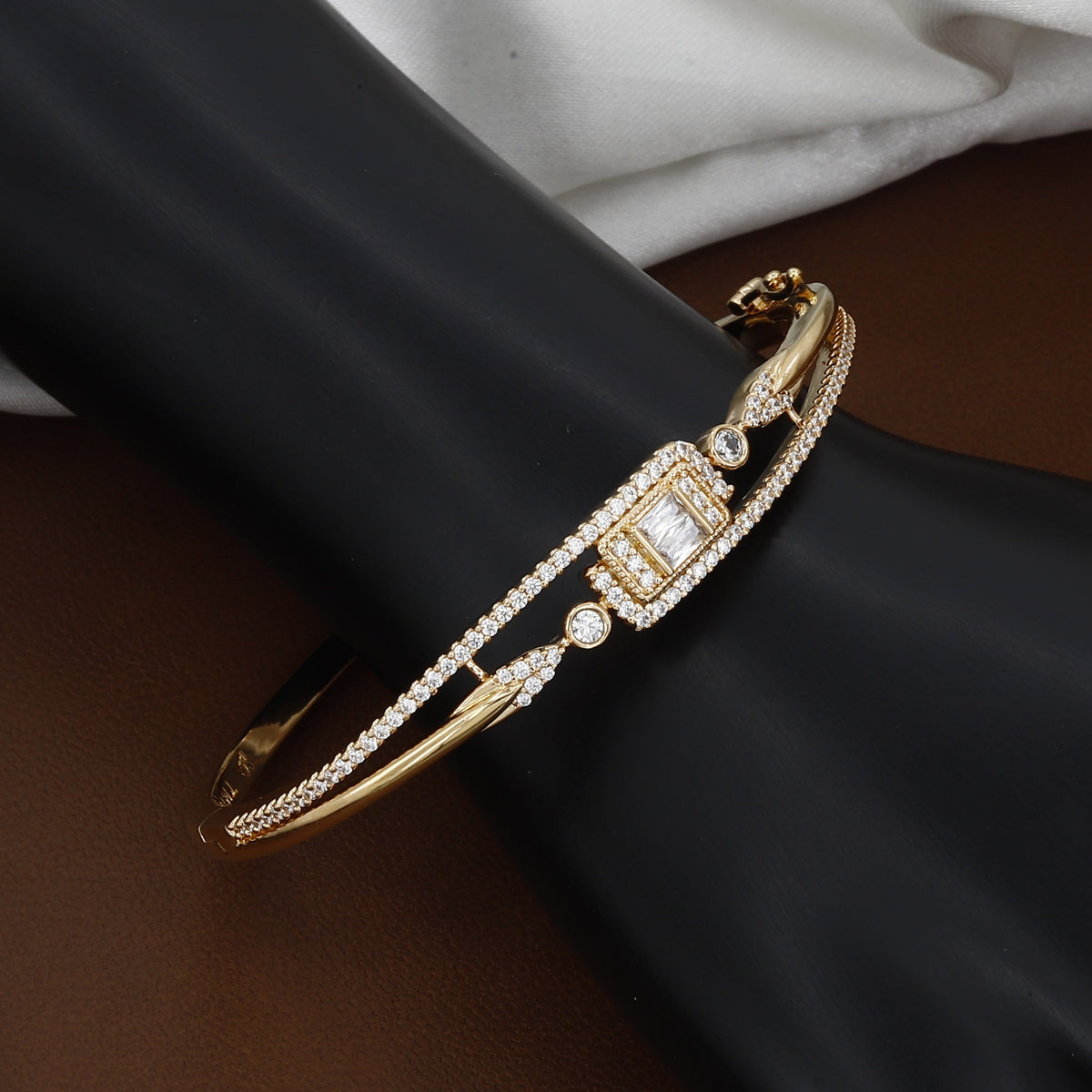 Gold Halo Emerald-Cut Diamond Bangle Bracelet