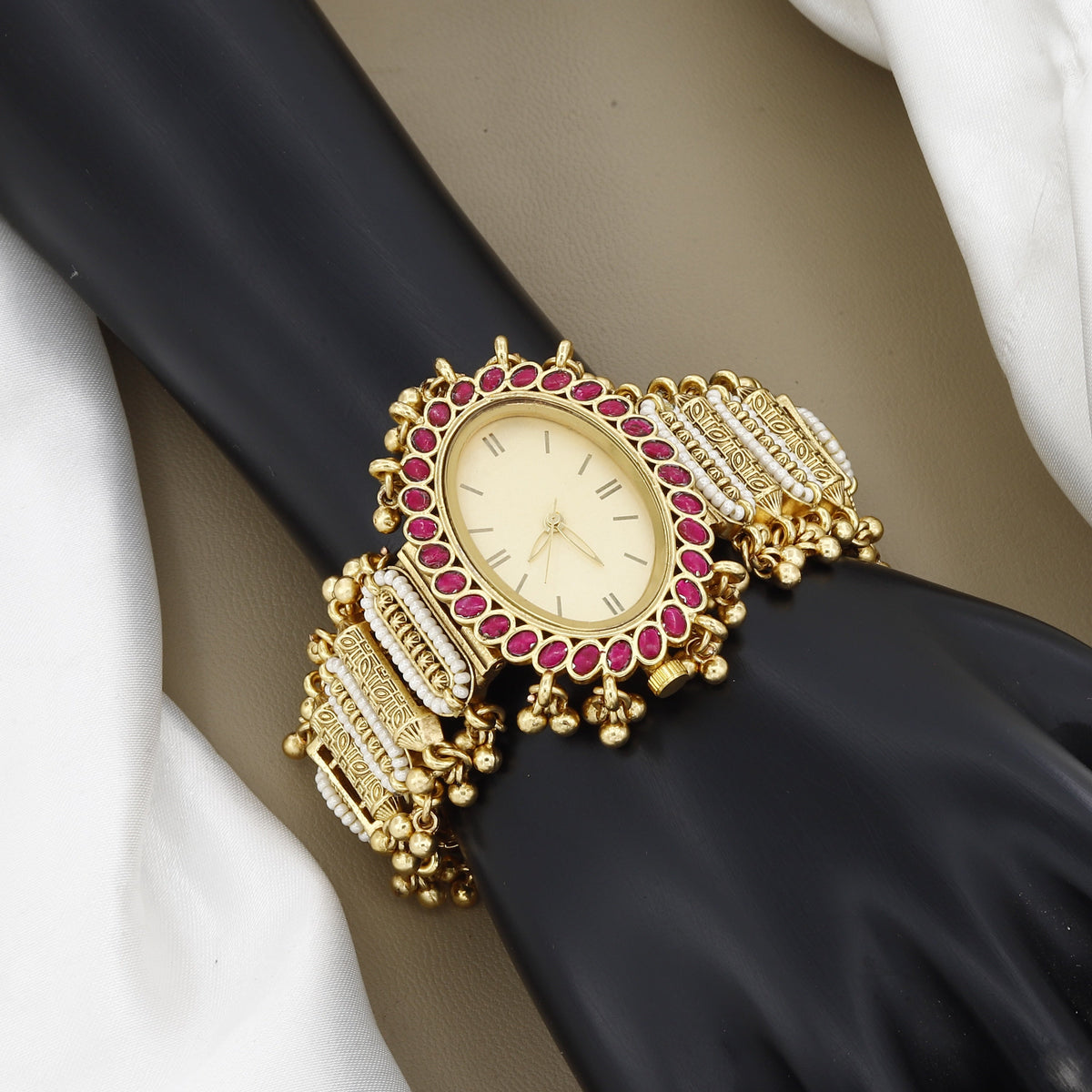 Vintage-Style Watch Bracelet with Ruby Stones & Pearl Accents