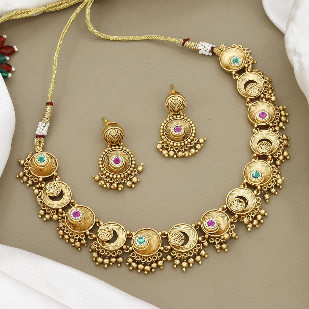 Temple-Style Matte Gold Choker Set with Ghungroo & Stone Accents