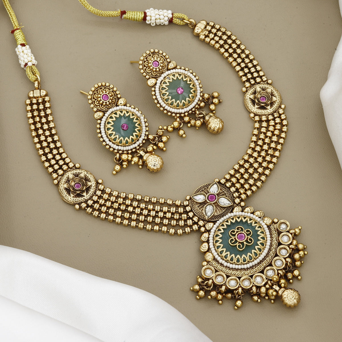 Triple-Strand Gold Bead Necklace Set with Circular Green Medallion