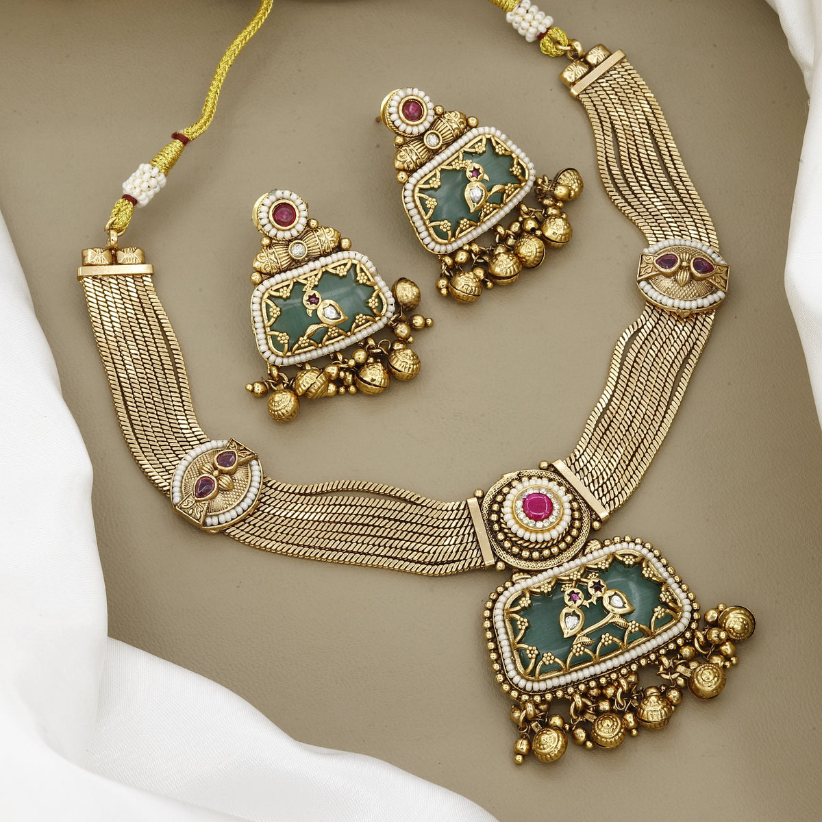 Antique Gold-Tone Kada Watch with Ruby Halo & Emerald-Green Cabochons