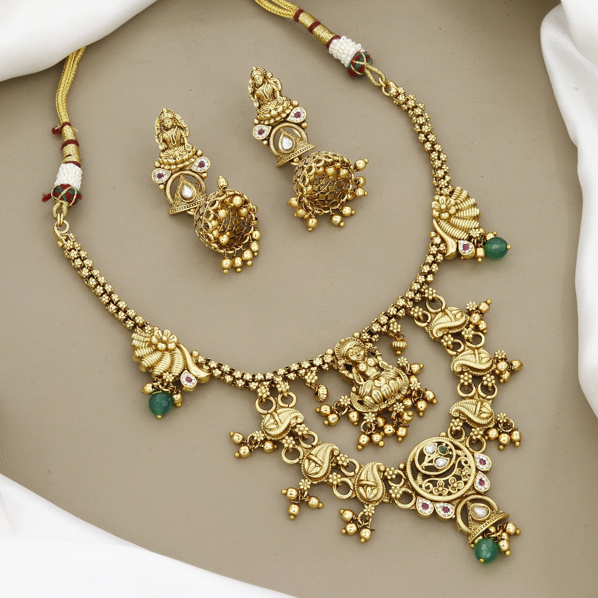Antique Gold Temple Jewelry Necklace with Goddess Motifs & Jhumkas
