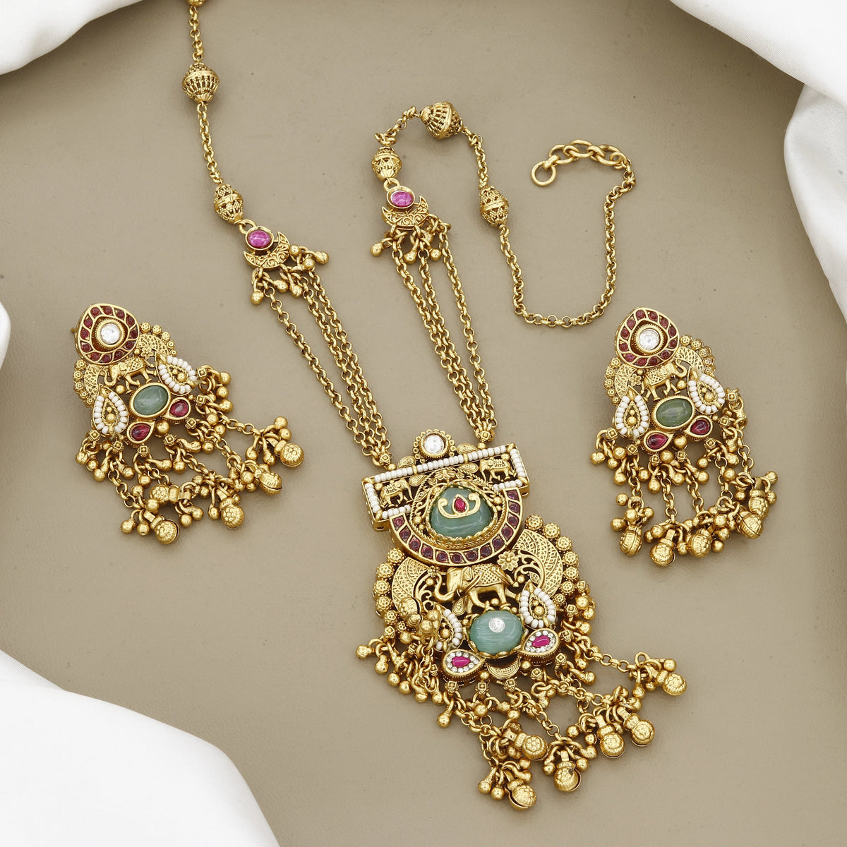 Seed Pearl & Emerald Accents Long Bridal Necklace Set