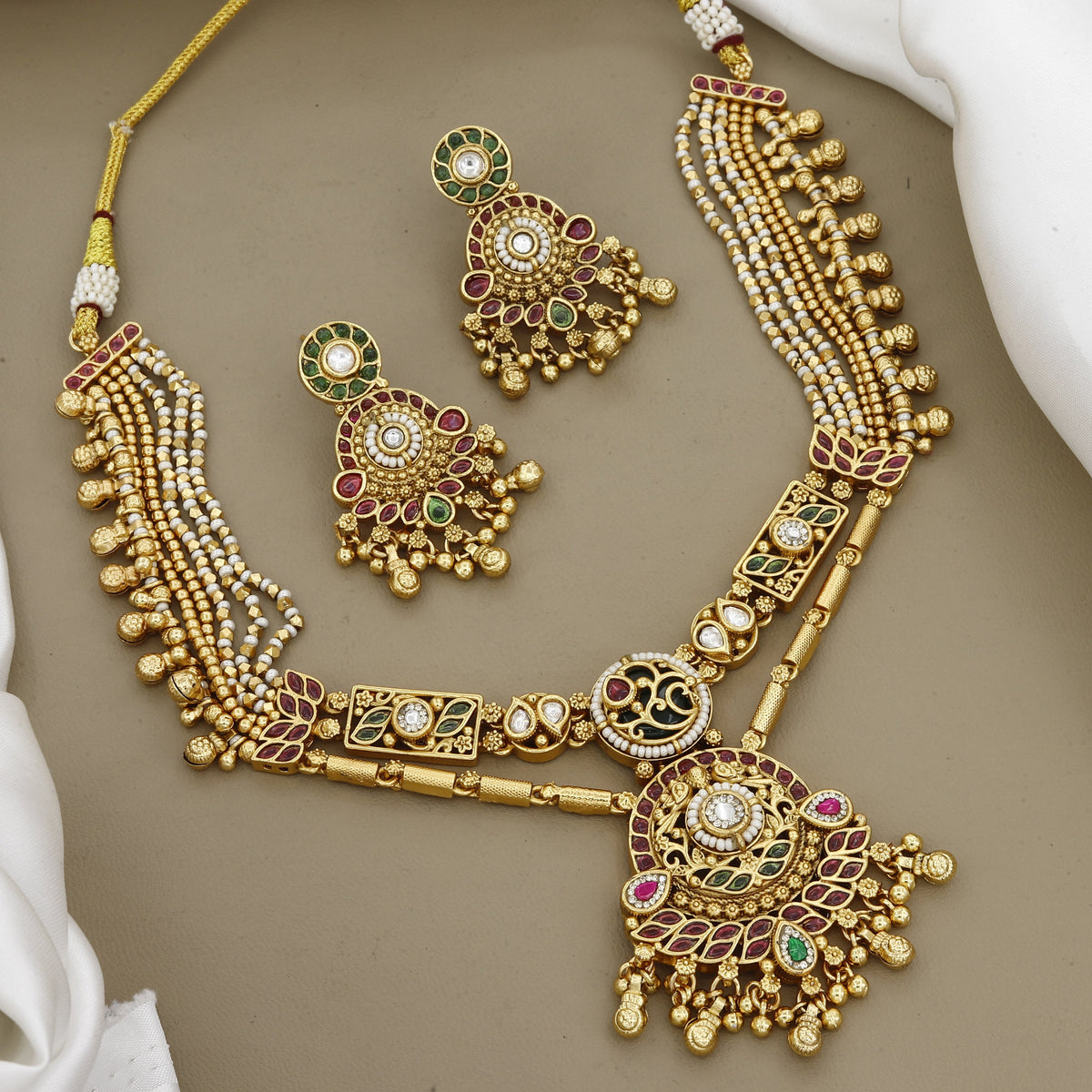 Traditional Gold Plated Multi-Layered Pearl Necklace Set with Chandbali Earrings