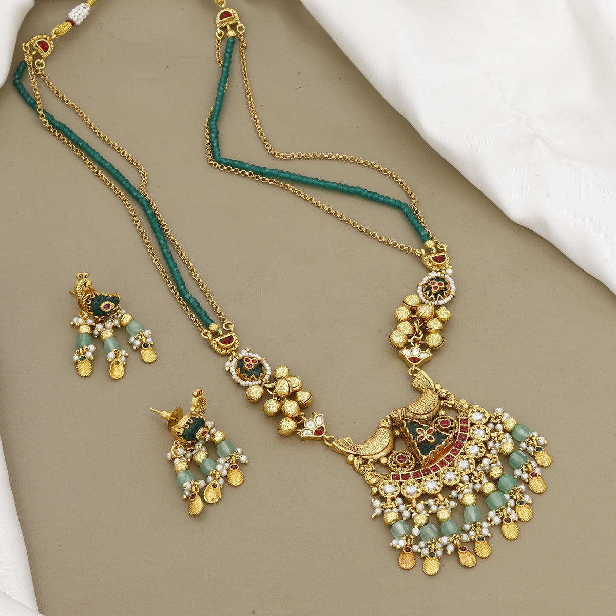 Antique Gold Peacock Necklace Set with Emerald Green Beads & Pearls