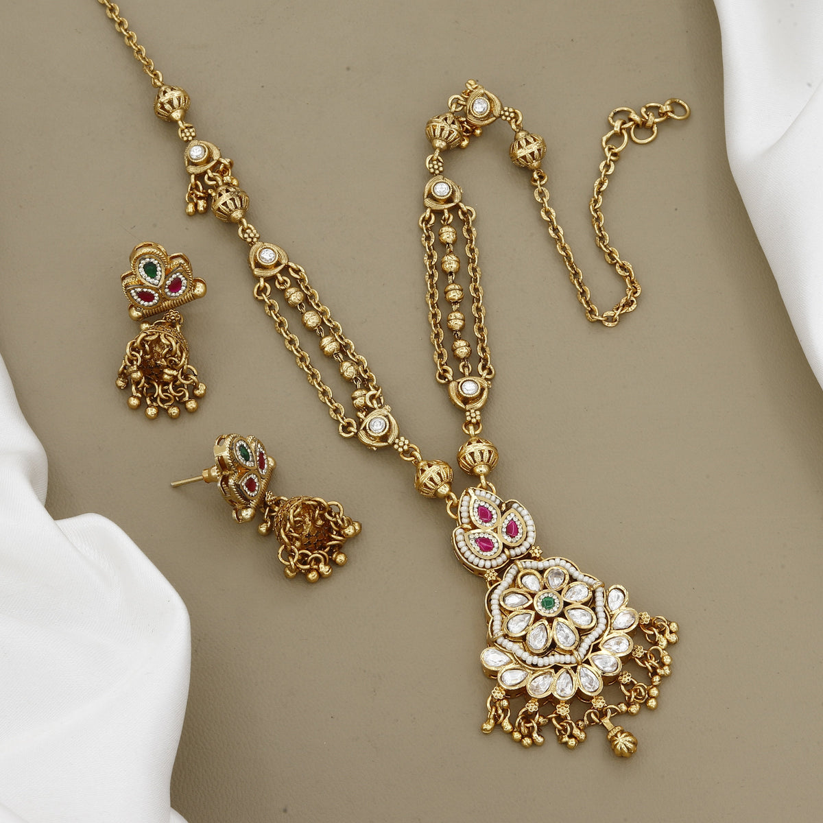 Gold Plated Kundan & Stone Work Long Necklace Set
