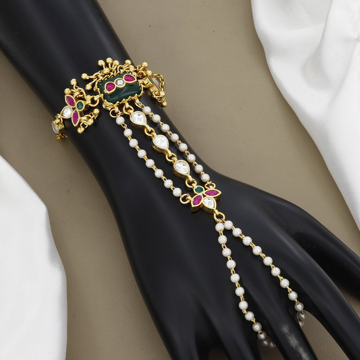 Antique Multi-Strand Pearl & Kundan Haathpanja