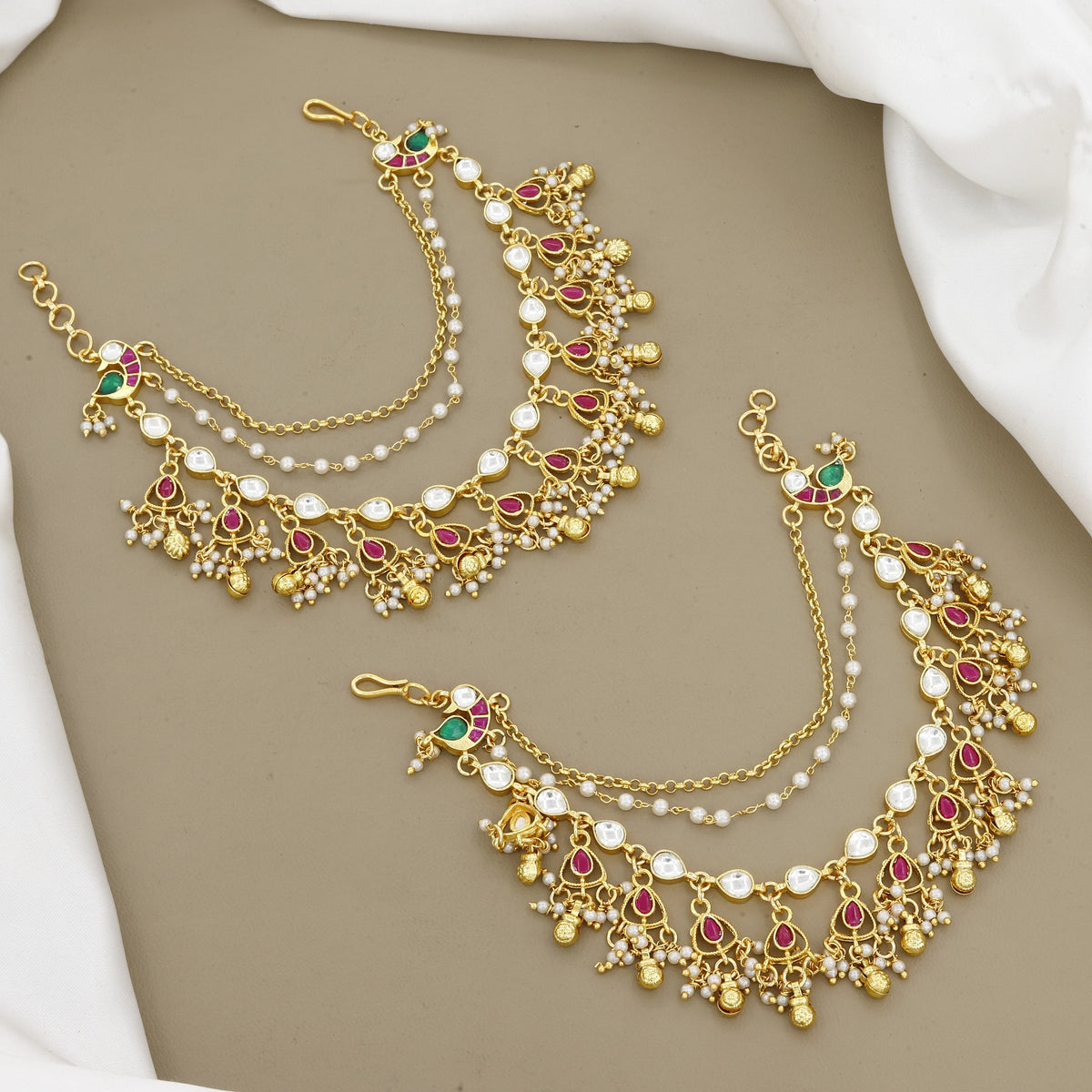 Ornate Ruby & Kundan Earring Support Chains