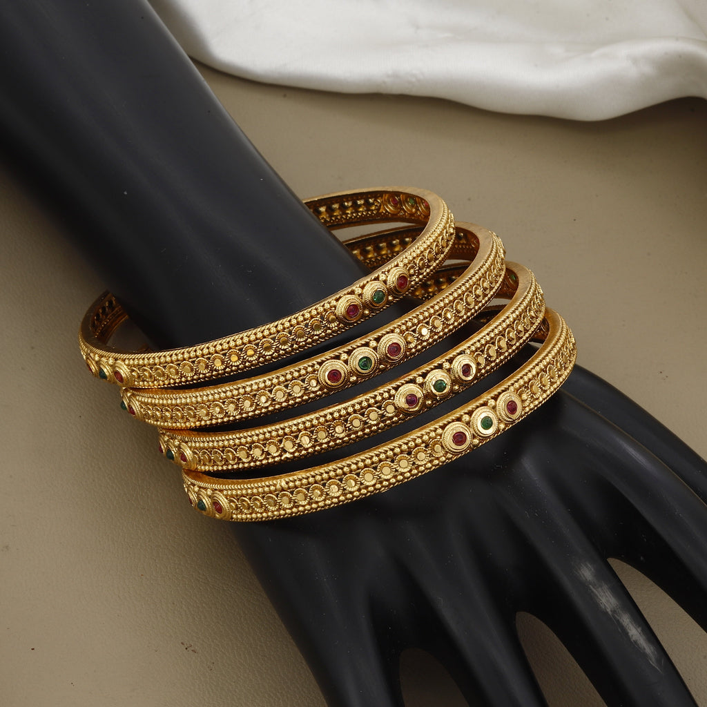 Traditional Antique Gold Bangle Set with Ruby & Emerald Stones