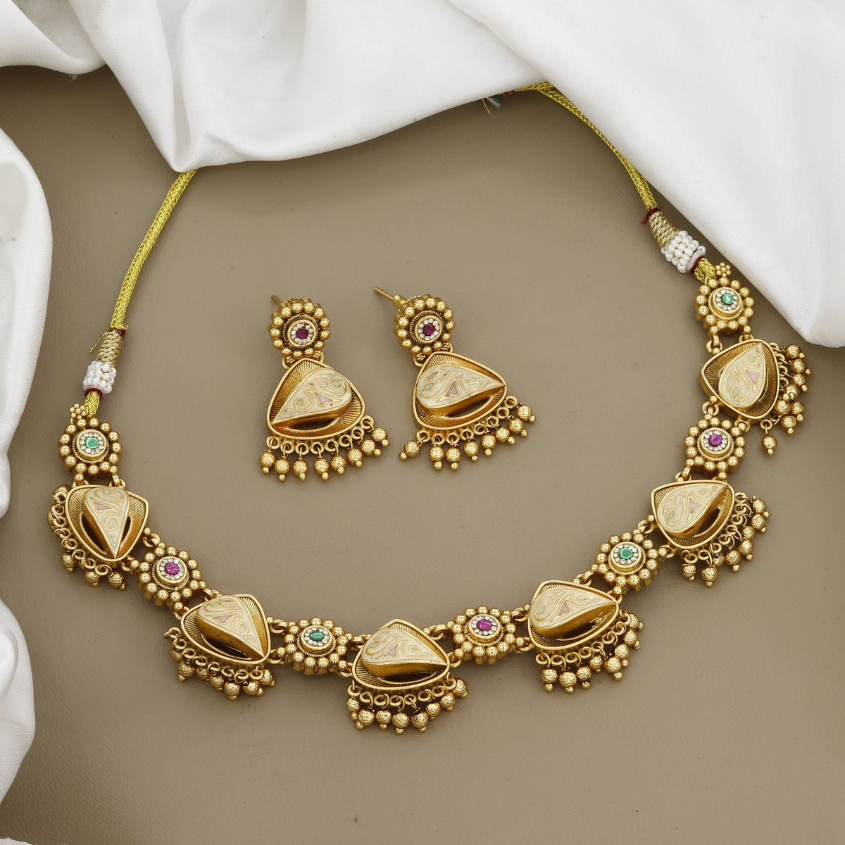 Antique Gold Enameled Necklace Set with Bead Drops