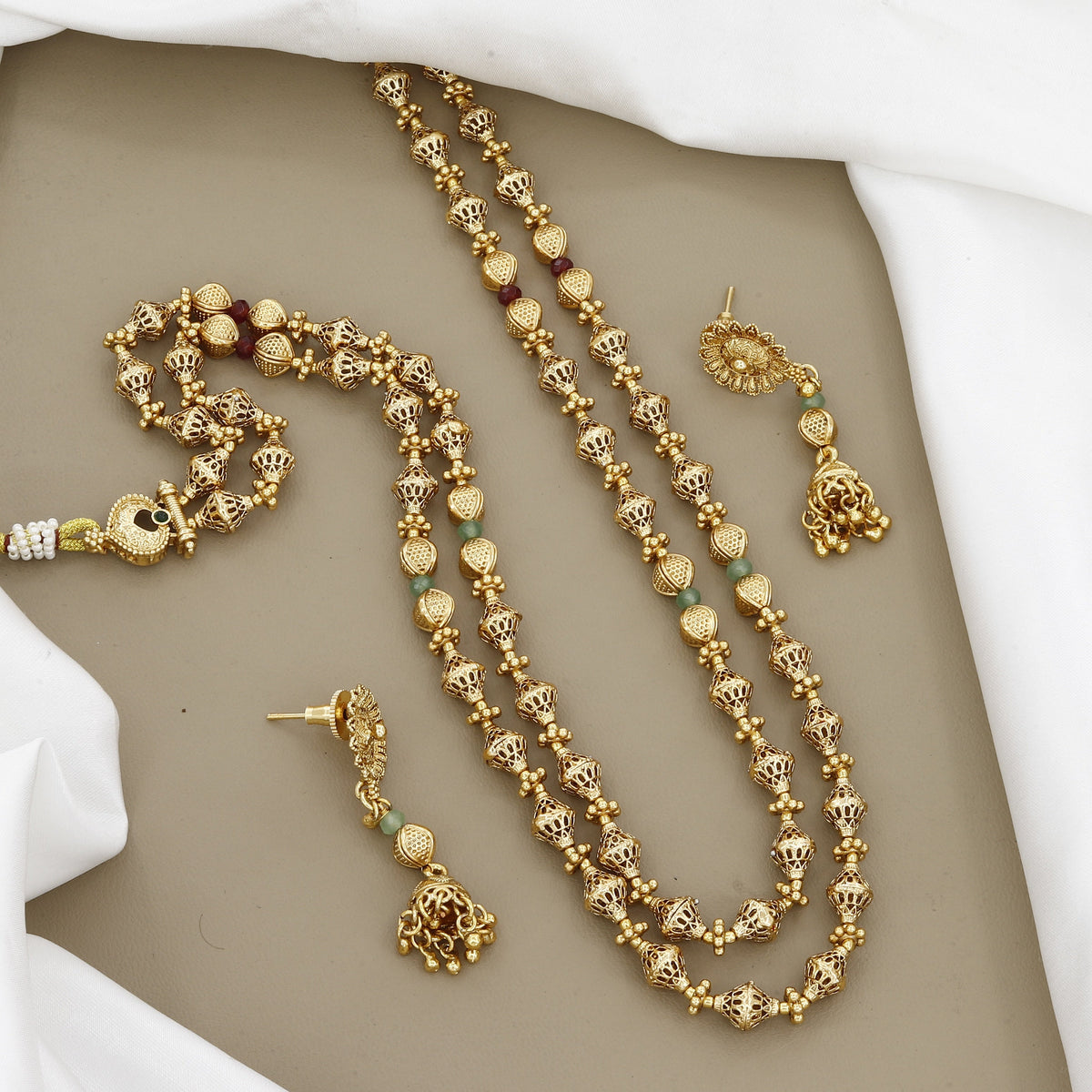 Antique Gold Layered Beaded Mala Set with Jhumkas