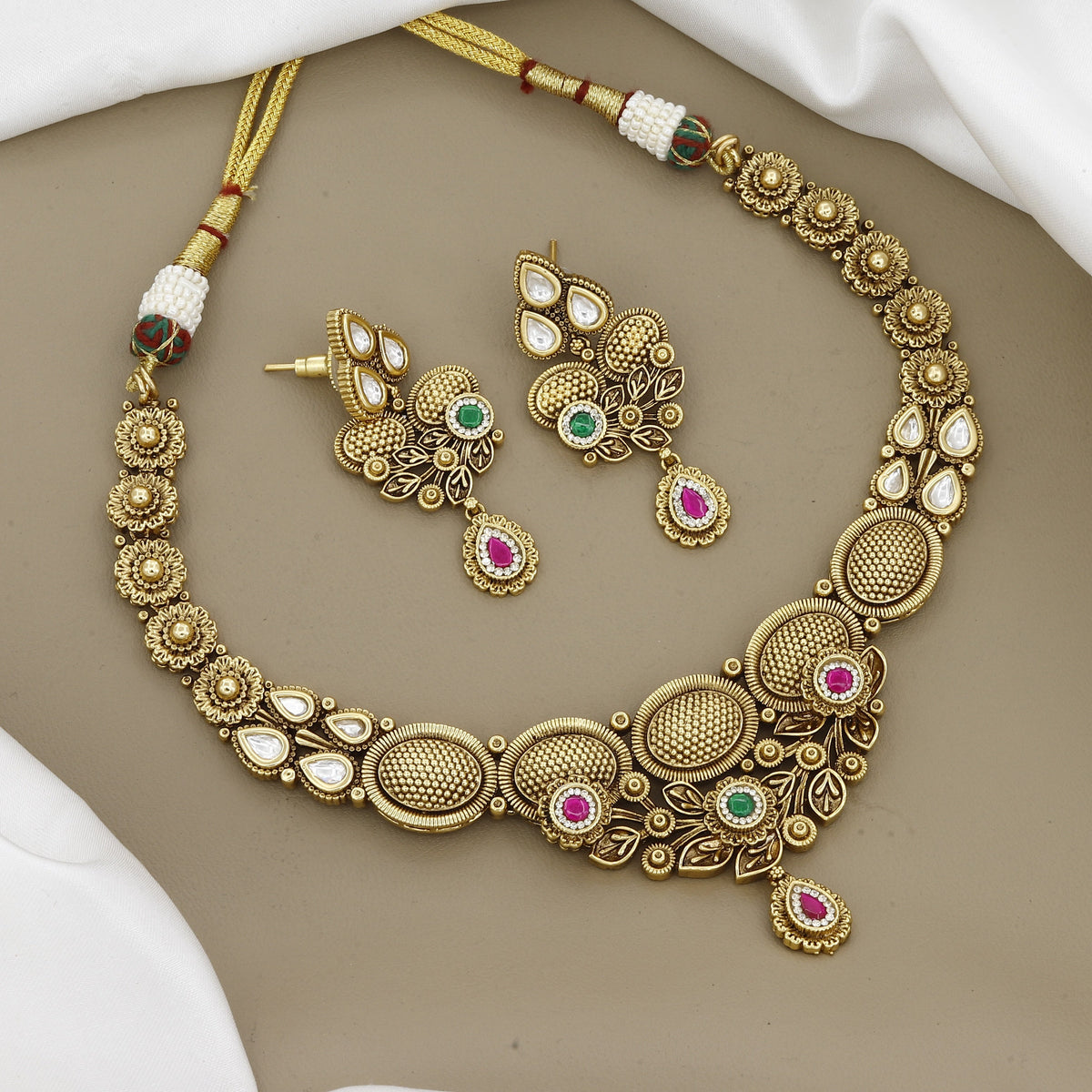 Traditional Kundan Style Floral Gold Necklace & Earring Set