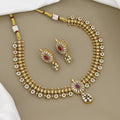 Luxury Gold-Plated CZ Stone Necklace Set with Ruby Accents & Floral Motifs