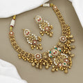Antique Gold Beaded Necklace Set with Kundan Stones