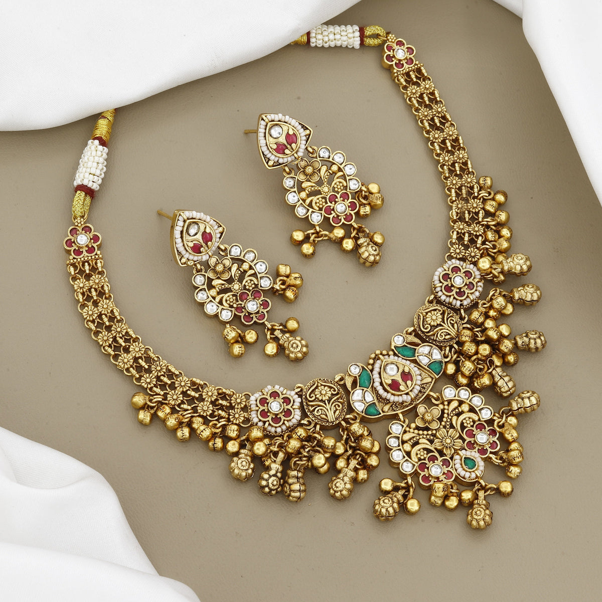 Antique Gold Beaded Necklace Set with Kundan Stones