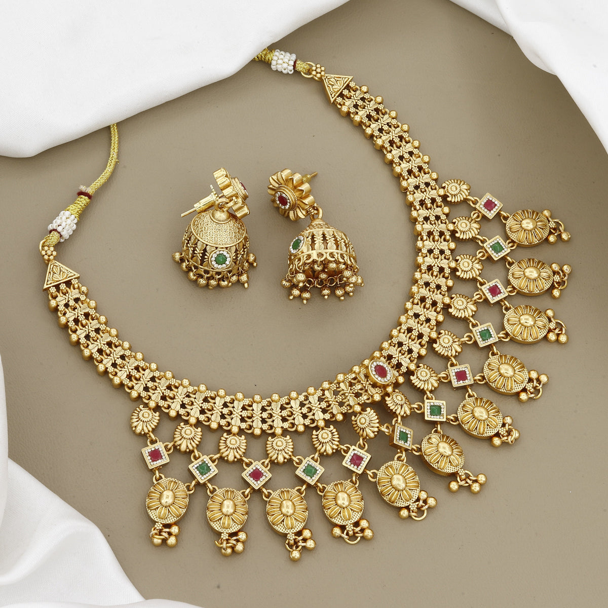 Traditional Matte Gold-Plated Wedding Necklace Set