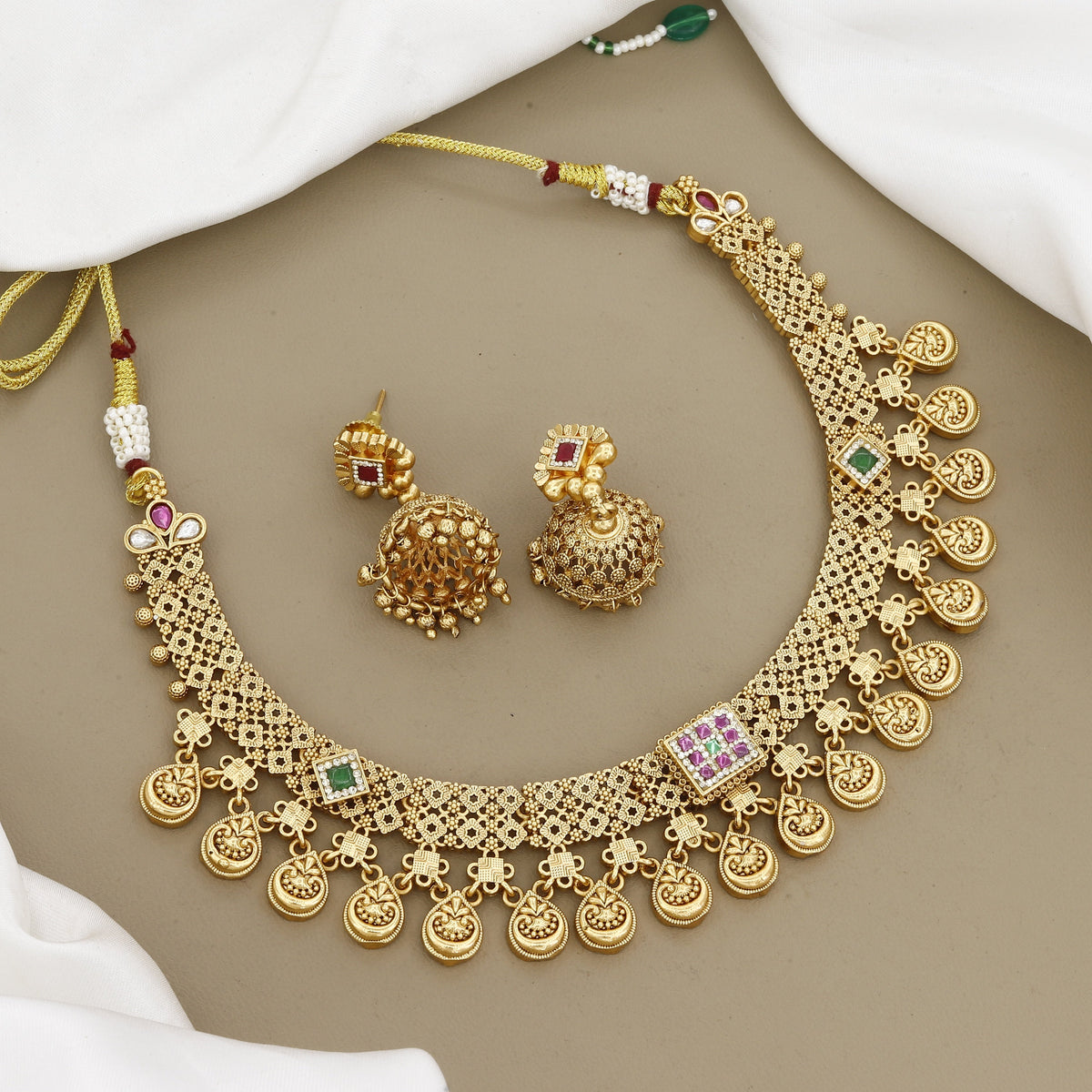 Antique Matte Gold-Plated Necklace Set With Ruby Stones