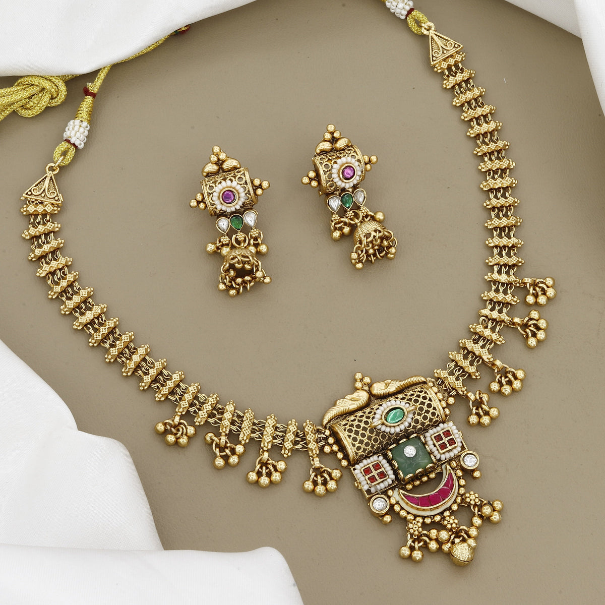 Antique Gold Finish Traditional Necklace Set with Earrings