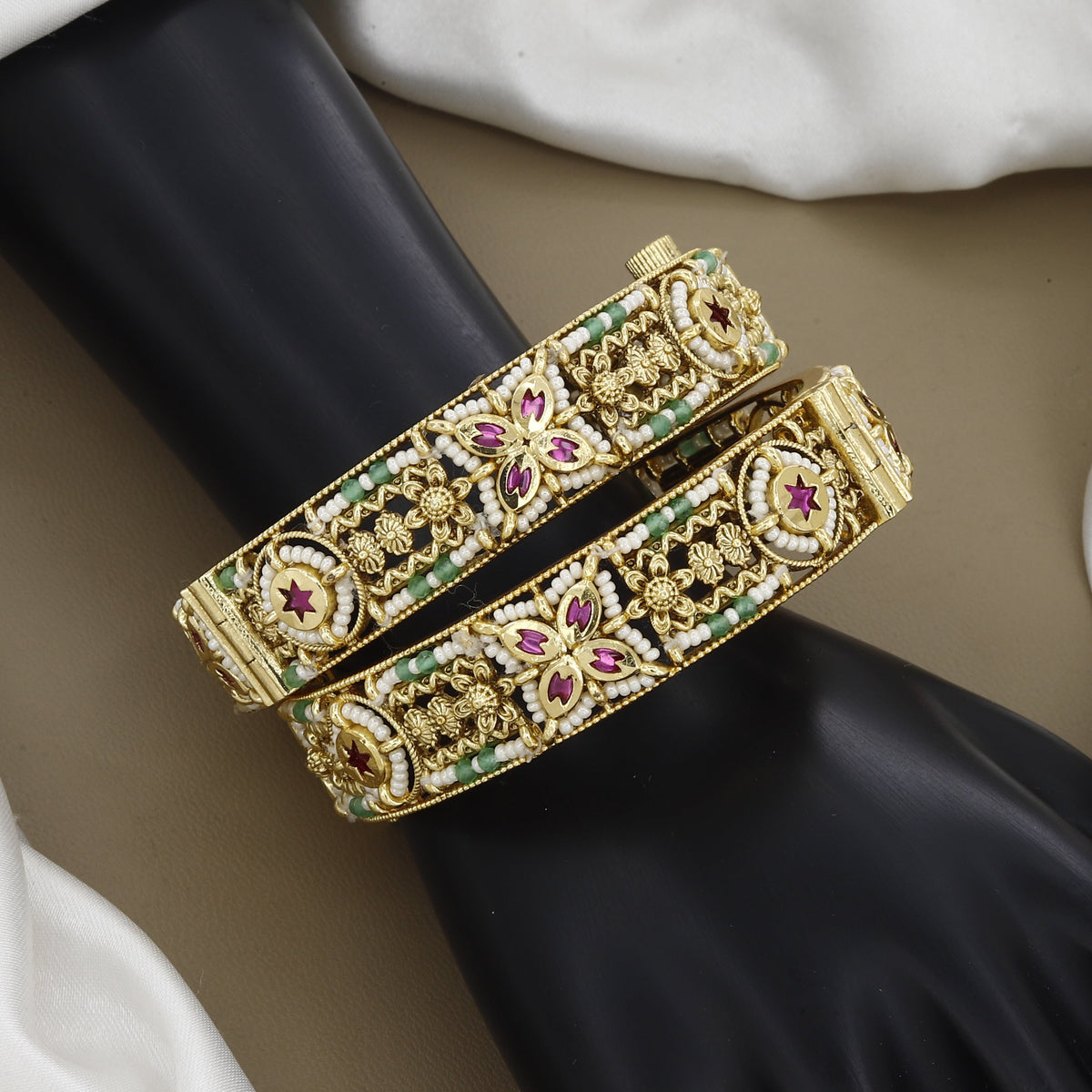 Antique Gold-Plated Ruby and Pearl Floral Kada Bangles
