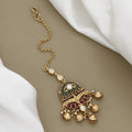 Antique Gold Floral Maang Tikka with Kundan and Green Bead Drops