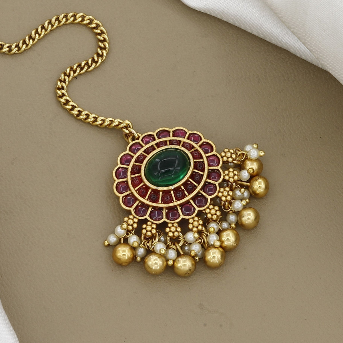 Traditional Gold-Plated Maang Tikka with Green Emerald & Ruby Stones