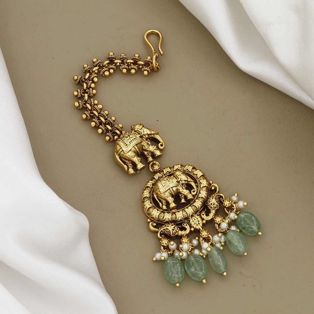 Antique Gold Elephant Maang Tikka with Green Beads & Pearls