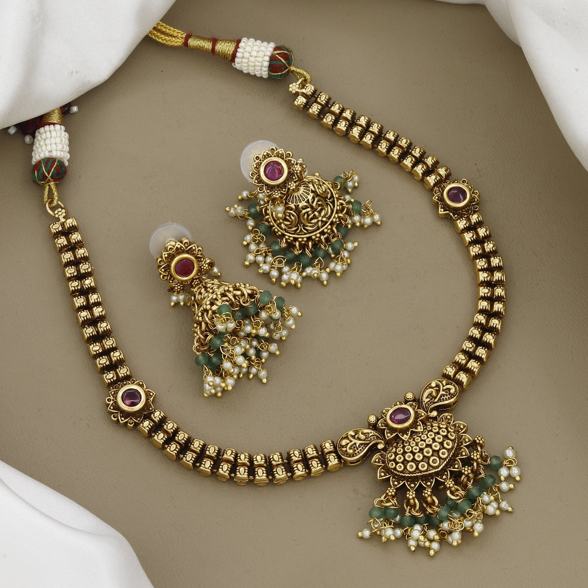 Antique Gold-Plated Temple Necklace Set with Jhumka Earrings