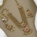 Antique Gold-Plated Multi-Layered Elephant Motif Long Necklace with Pink Stones