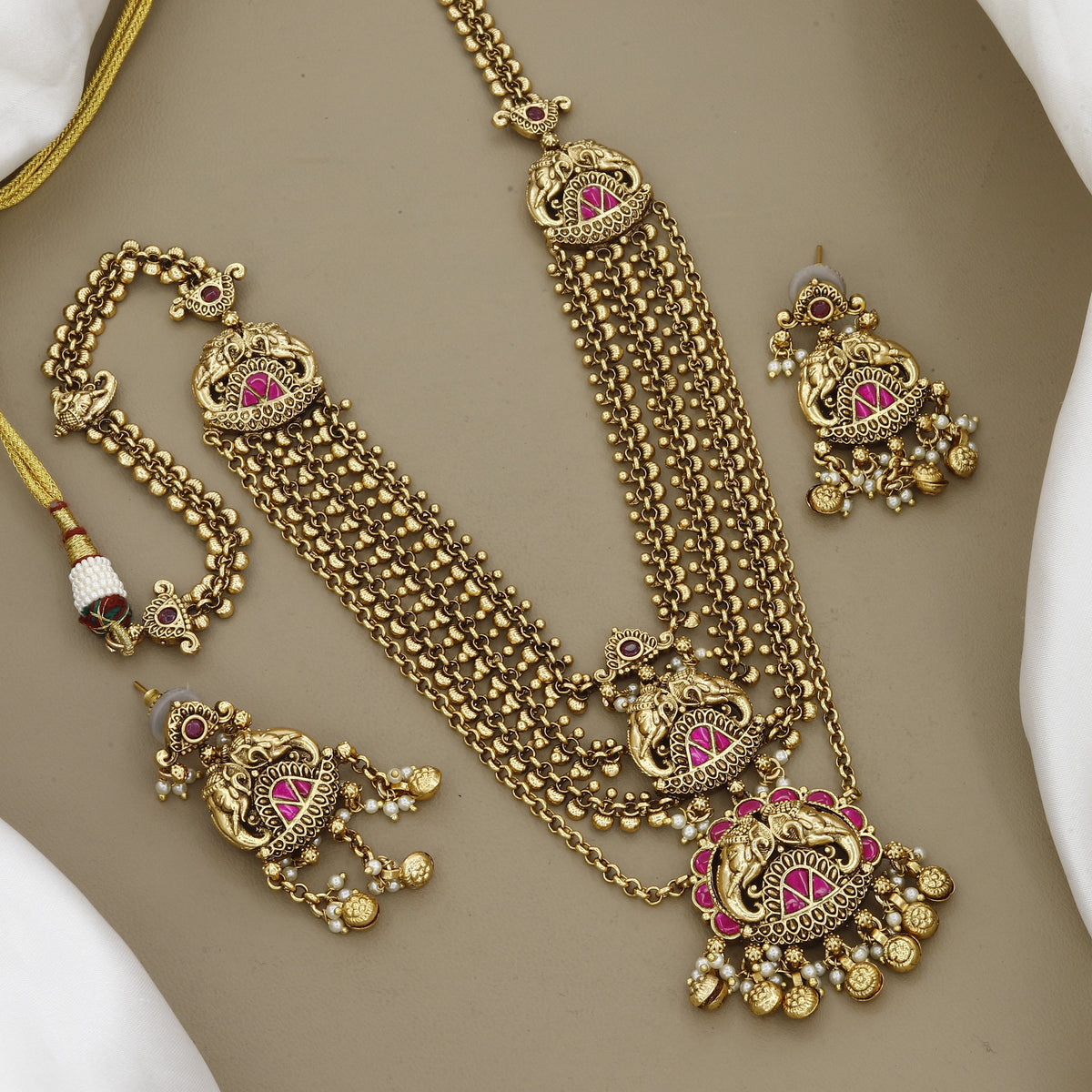 Antique Gold-Plated Multi-Layered Elephant Motif Long Necklace with Pink Stones
