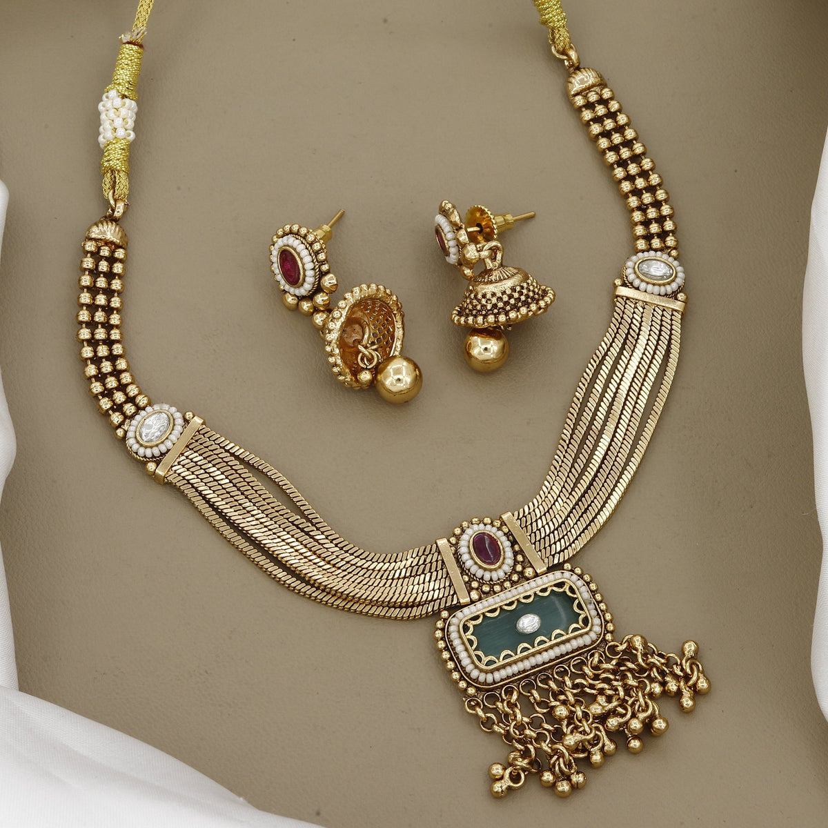 Multi-Strand Gold-Tone Heritage Necklace with Rectangular Pendant