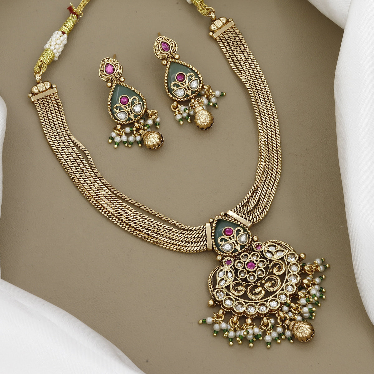Antique Gold-Plated Meenakari Necklace Set with Kundan & Pearl Accents