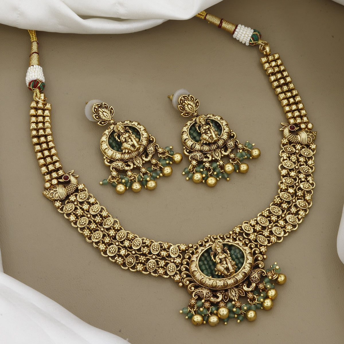 Antique Gold-Plated Lakshmi Temple Jewelry Necklace Set with Green Beads