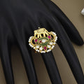 Antique Gold Elephant Motif Ring with Pearl Border & Green Inlay