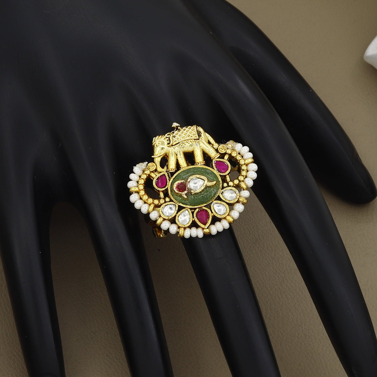 Antique Gold Elephant Motif Ring with Pearl Border & Green Inlay