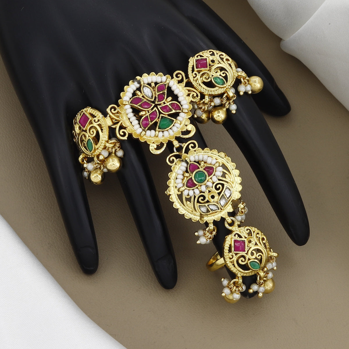 Antique Gold T-Shaped Multi-Finger Ring with Ruby & Emerald Stones