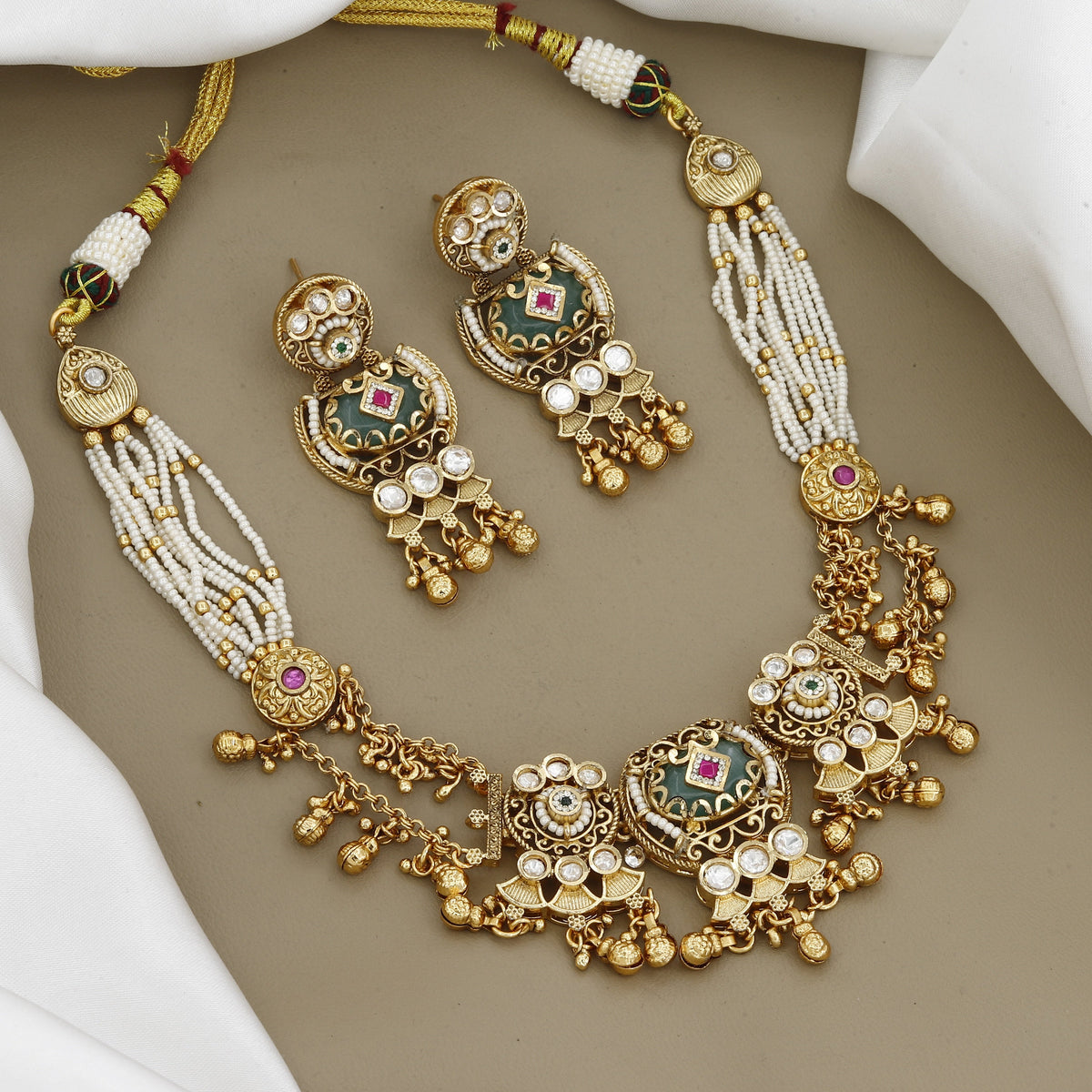 Exquisite Pearl & Green Meenakari Kundan Necklace Set with Matching Earrings