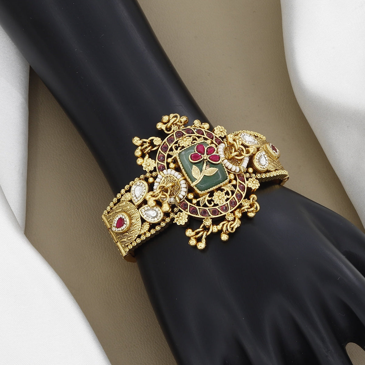 Antique Traditional Kundan & Pearl Gold Bangle Kada