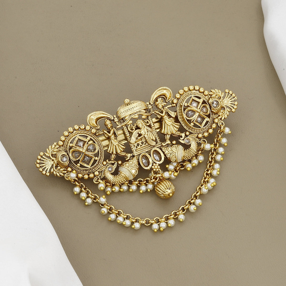 Antique Gold Palki & Peacock Hair Pin with Layered Pearl Chains