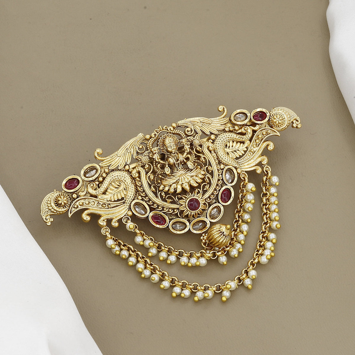 Antique Gold Temple Jewelry Lakshmi Hair Brooch with Pearls