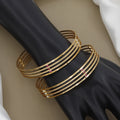Minimalist Four-Line Gold Toned Bangle Set with Red Stones