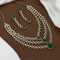 Mehndi Polished Sparkling CZ Vine Leaf Necklace & Chandelier Drop Earring Set
