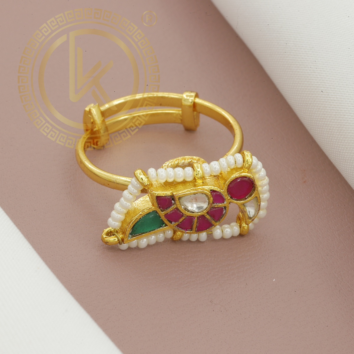 Palakka Design Gold Plated Adjustable Finger Ring with Pearls