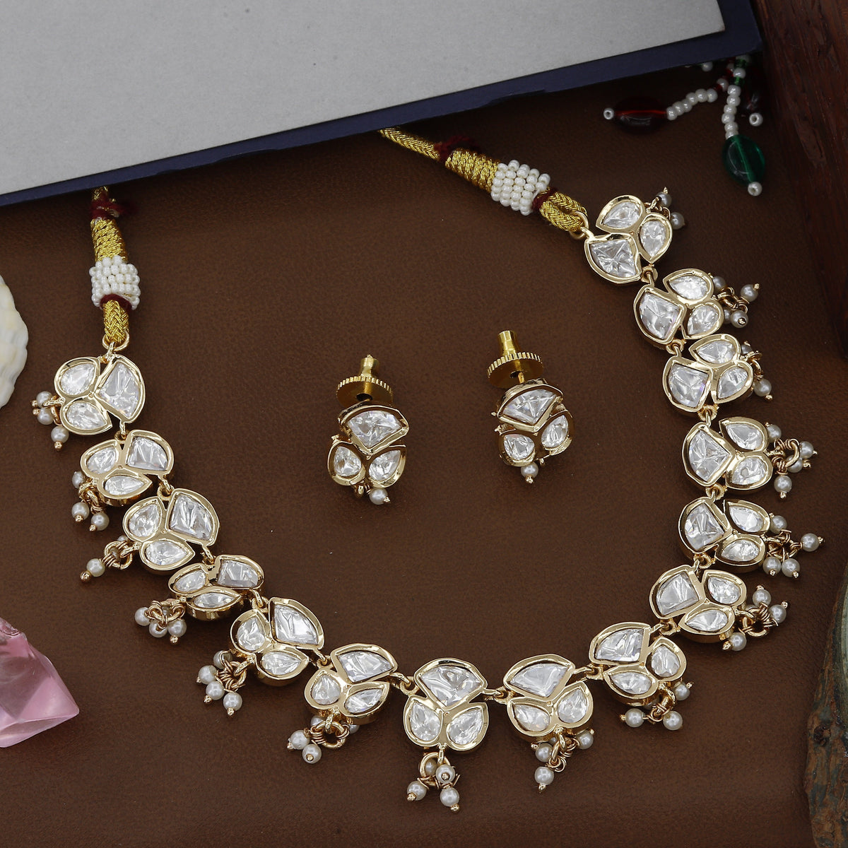 Polki Kundan Necklace Set With Earrings For Women